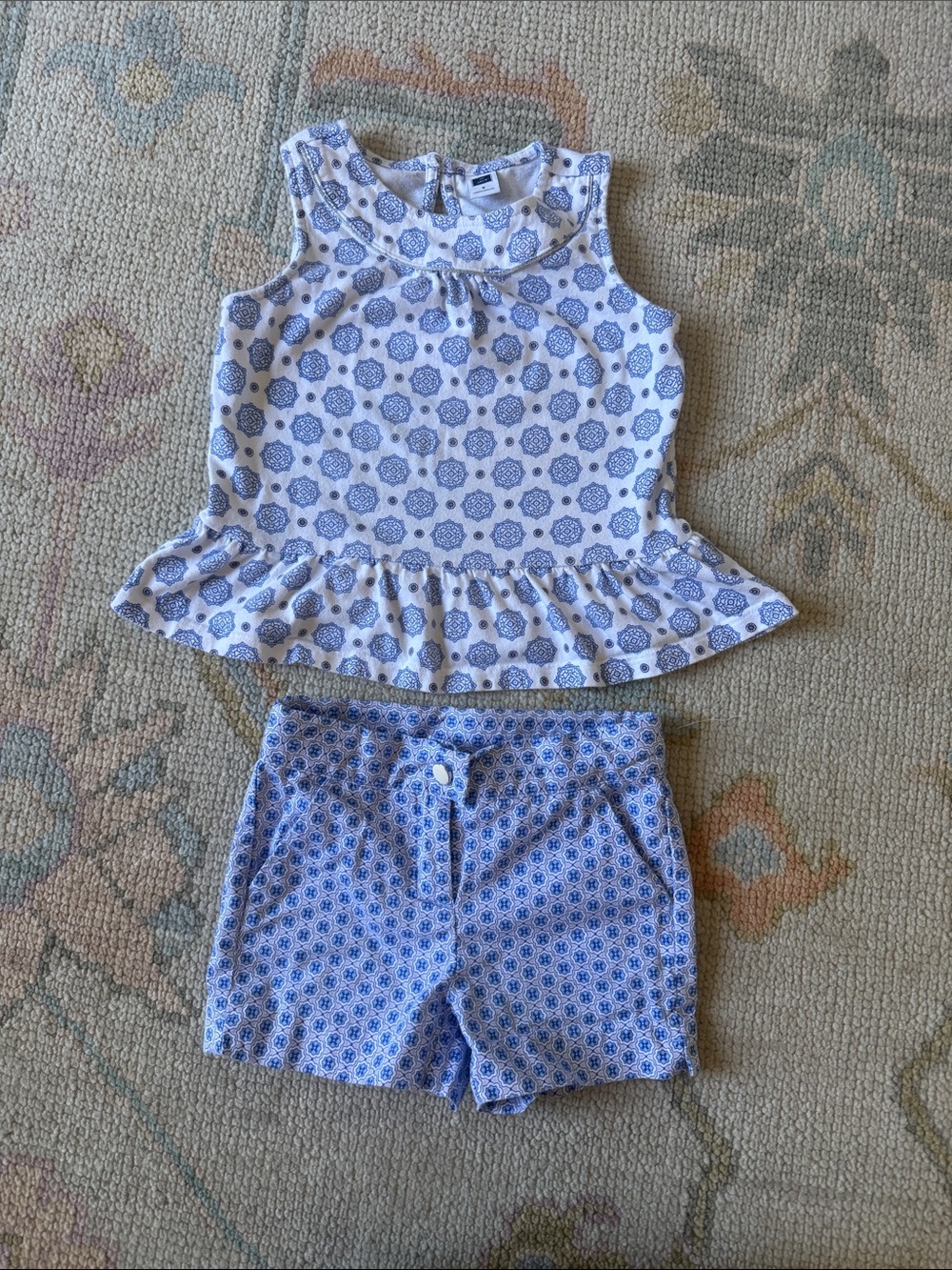 Janie and Jack White and Blue Printed Peplum Top with Matching Shorts